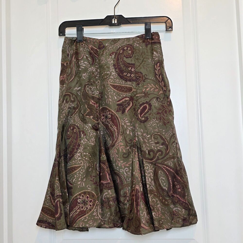 Lauren Ralph Lauren 100% Silk Skirt Sz 2 Petite Olive Green Paisley Earthy Moody